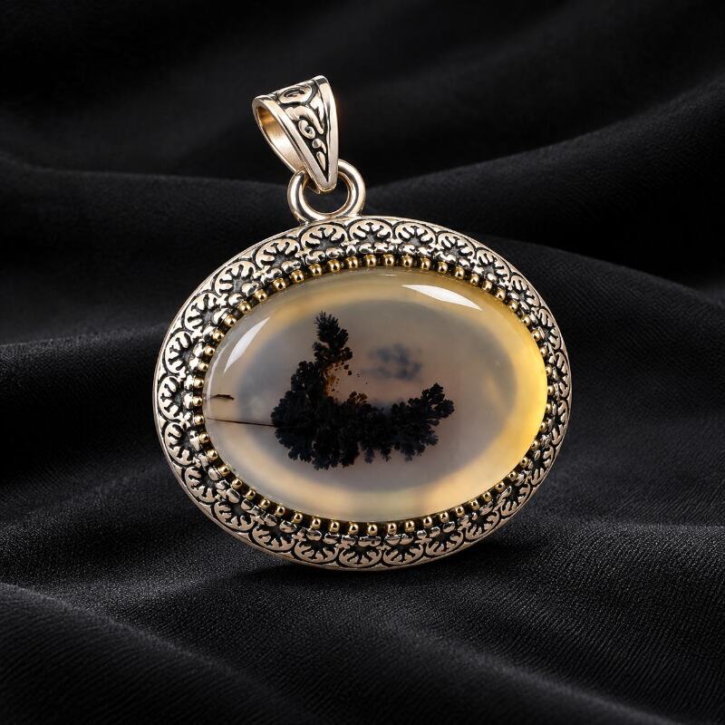 Natural Dendritic Agate Pendant Handmade Silver