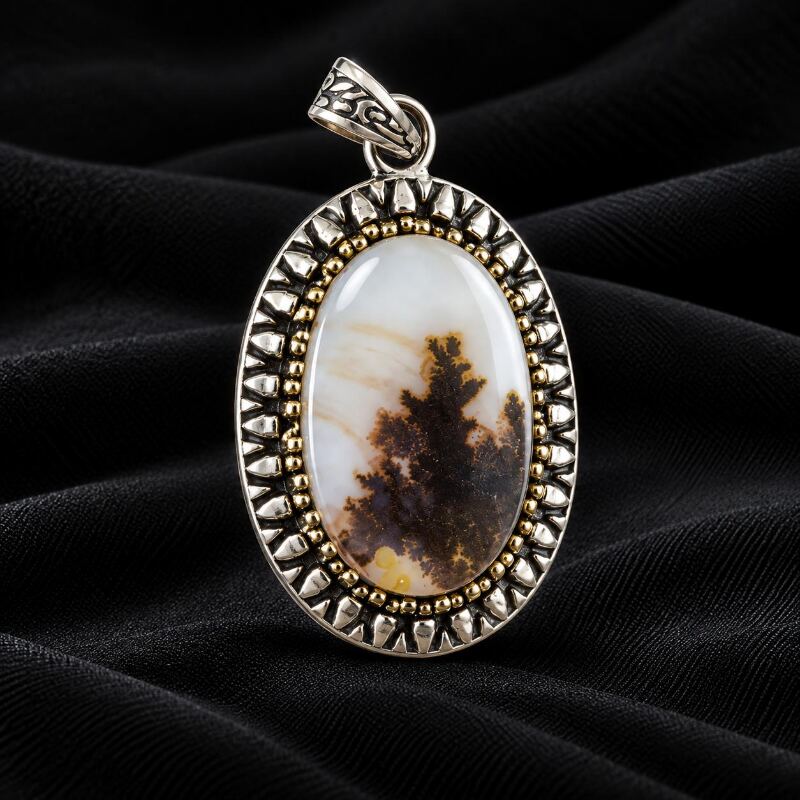 Natural Dendritic Agate Silver Pendant Antique Inspired Women's Jewelry