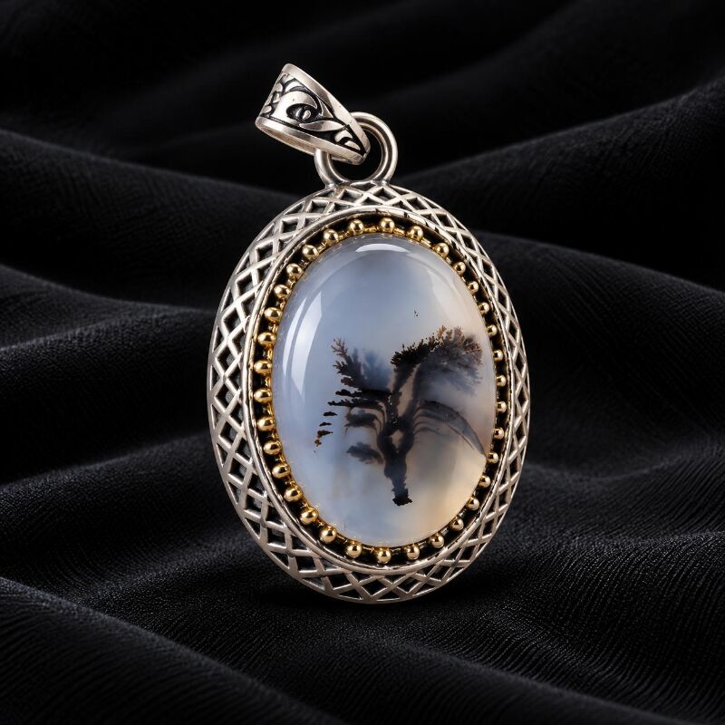 Natural Dendritic Agate Pendant Silver Women's Jewelry