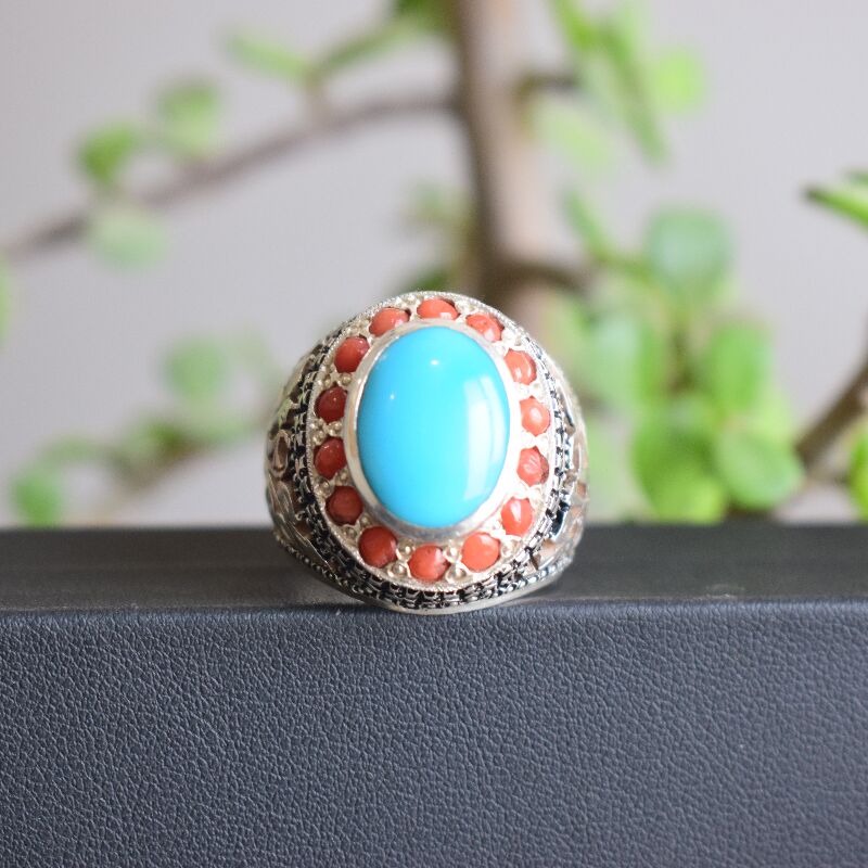 Natural Turquoise Feroza & Red Coral Ring | Handmade Silver