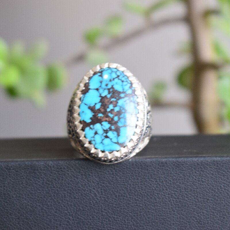 Natural Turquoise Feroza Ring with Matrix | Handmade Silver