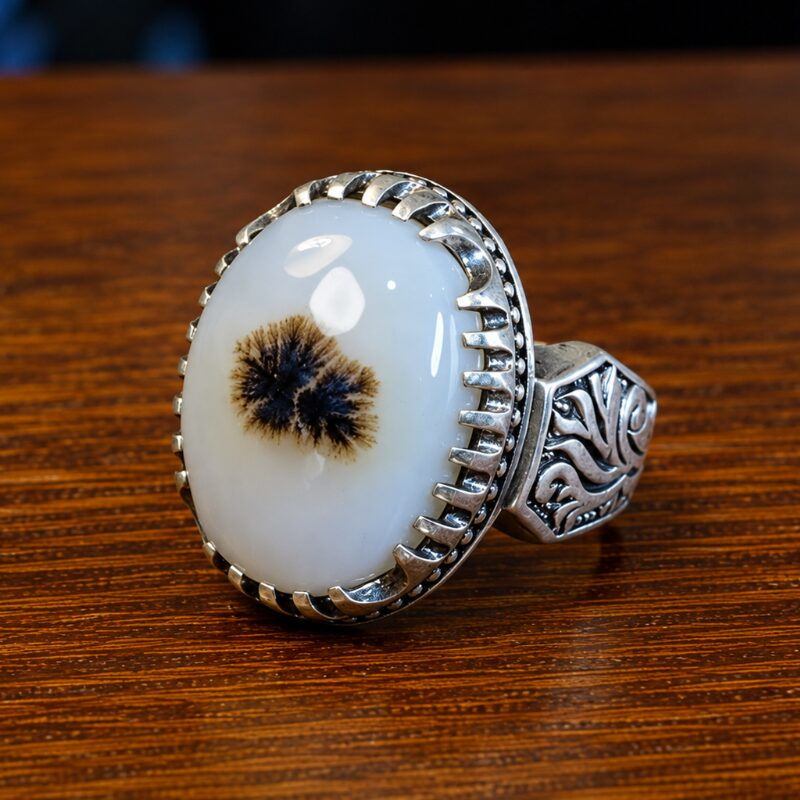 Natural Dendritic Agate Shajri Aqeeq Handmade Silver Ring for Men
