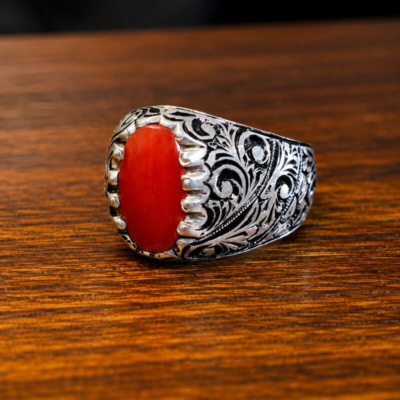 Natural Red Coral Marjan Ring Handmade 925 Silver