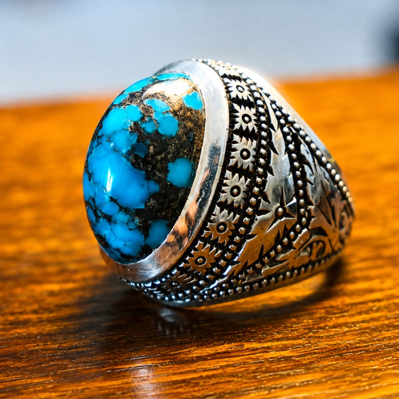 Natural Turquoise Feroza Ring 925 Sterling Silver