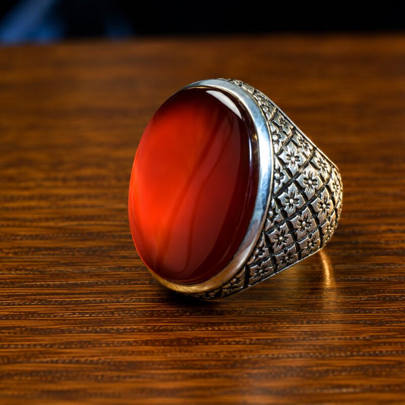 Natural Carnelian Agate Yemeni Aqeeq Ring 925 Sterling Silver