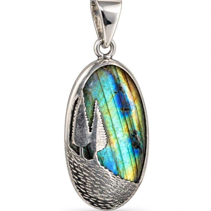 Natural Labradorite Silver Pendant Forest-Inspired Design
